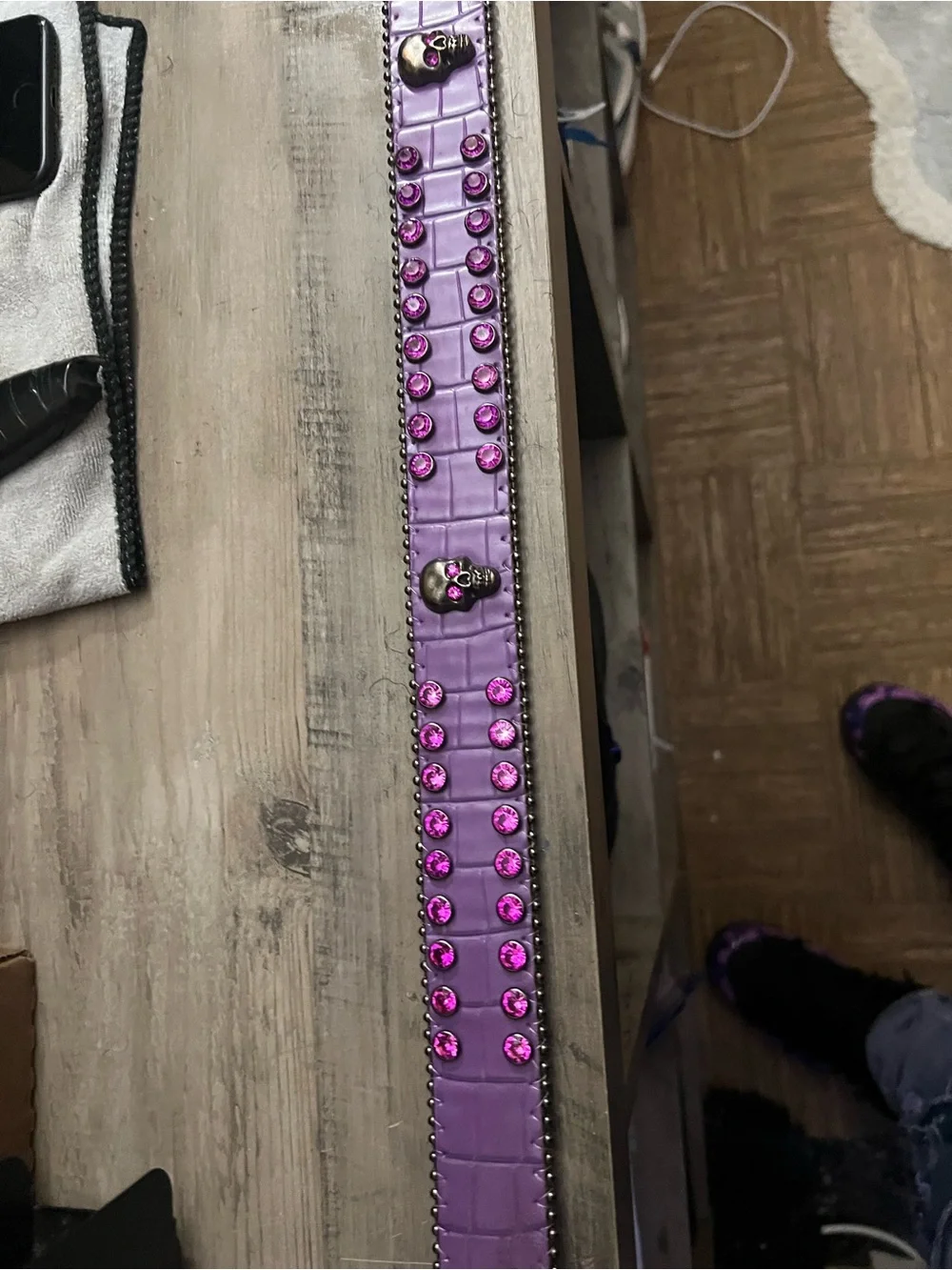 B.B. Simon Purple Leather Belt with Pink Crystal Studs and Skull Accent